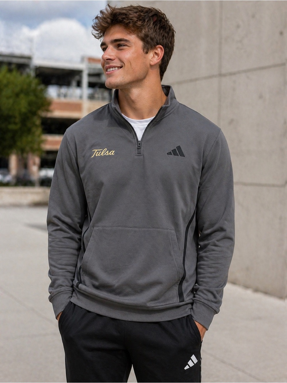 Adidas Charcoal Gray Quarter-Zip Pullover with Gold 'Tulsa' Embroidery